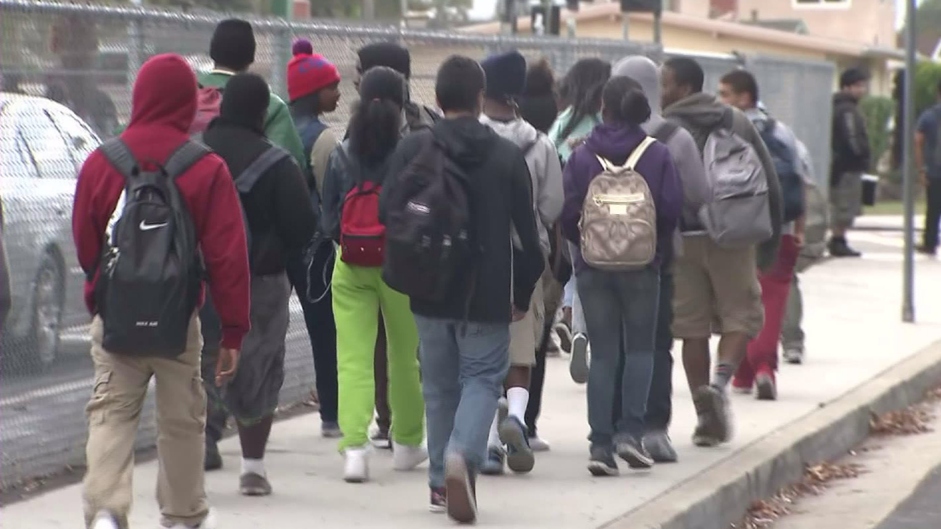 A file photo shows students near a high school in the Los Angeles area.