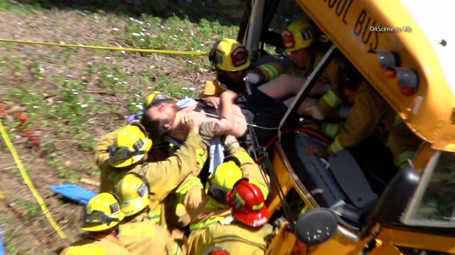 Gerald Rupple was pulled from a school bus that he was driving when it crashed in Anaheim Hills on April 24, 2014. (Credit: OnScene TV)