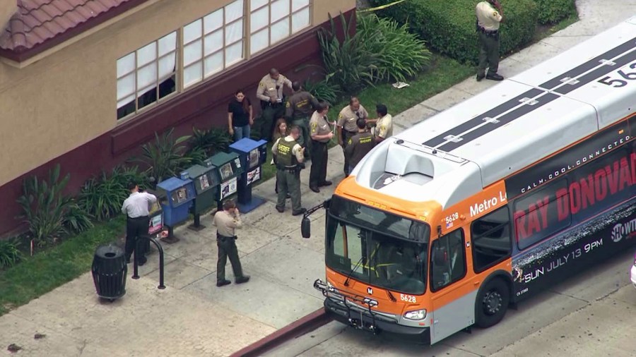 Authorities were investigating a bus stabbing at Slauson Avenue and Atlantic Boulevard in Maywood on June 27, 2014. (Credit: KTLA)