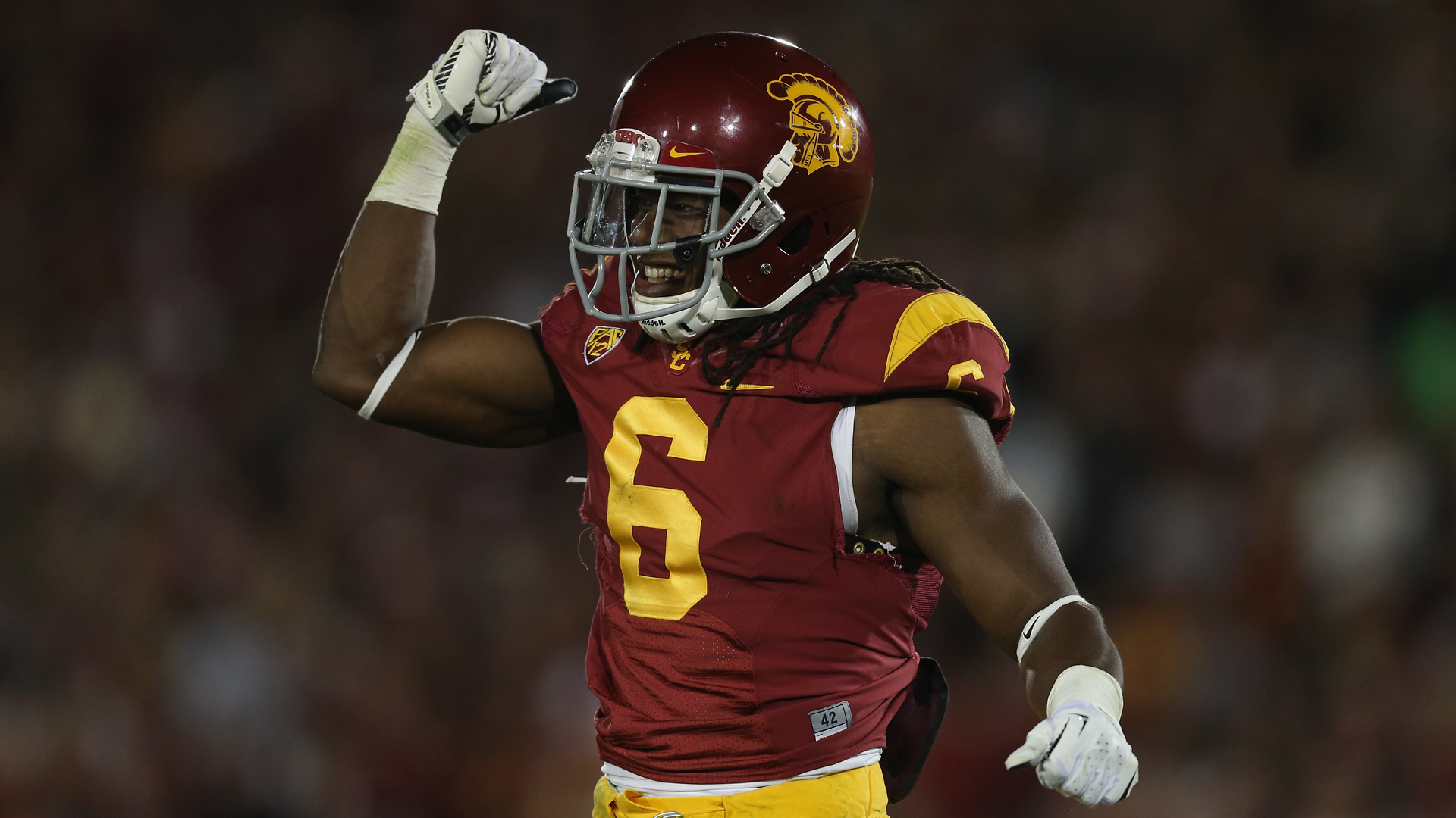 Safety Josh Shaw of the USC Trojans celebrates against the Stanford Cardinal at Los Angeles Coliseum on Saturday, Nov. 16, 2013. (Credit: Jeff Gross/Getty Images)