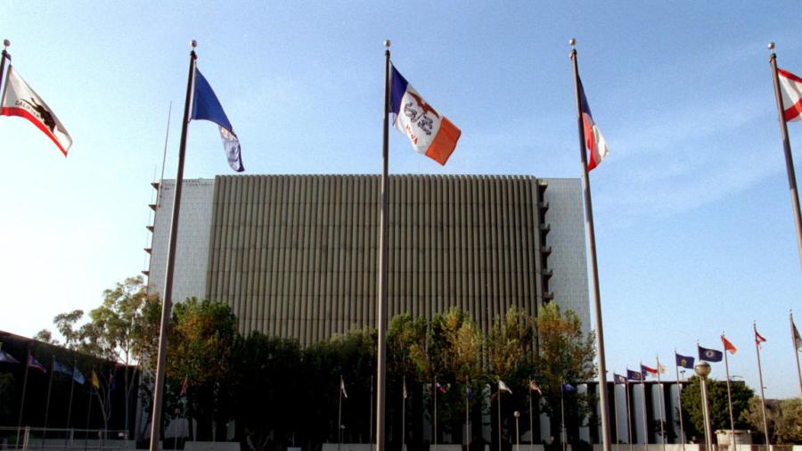 The Plaza of the Flags stands near Orange County Superior Court in an undated file photo. (Don Bartletti/Los Angeles Times)