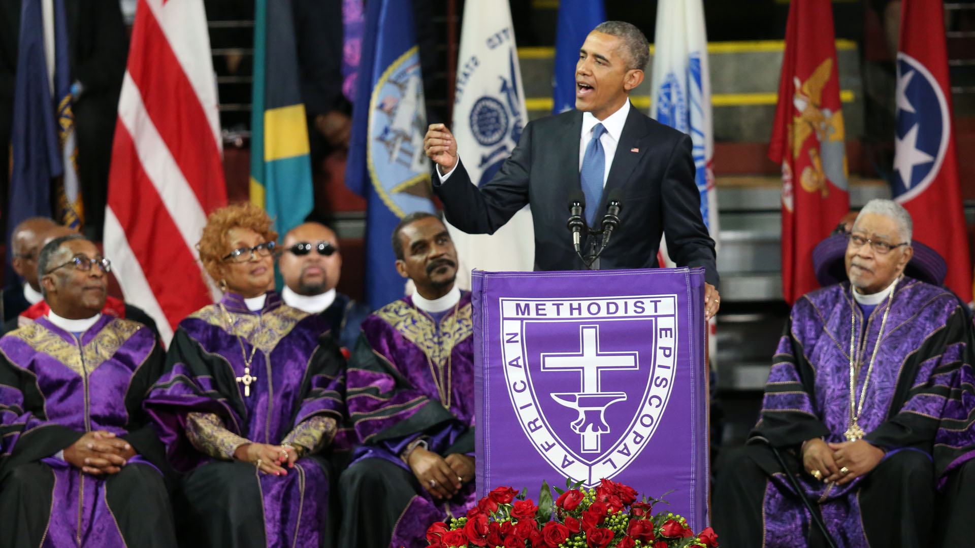 President Barack Obama delivers the eulogy for South Carolina state senator and Rev. Clementa Pinckney on June 26, 2015, in Charleston, South Carolina. (Credit: Joe Raedle/Getty Images)