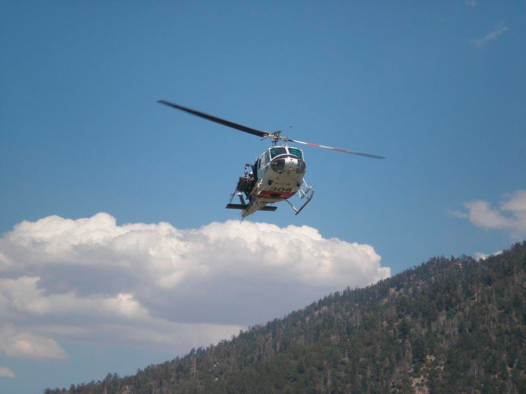 A rescue helicopter is seen in an image provided by the San Bernardino County Sheriff's Department.