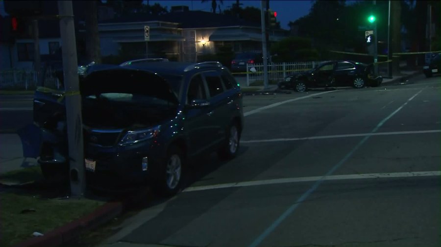 Multiple vehicles were involved in collisions after a driver was fatally shot in Leimert Park on Monday, July 20, 2015. (Credit: KTLA)