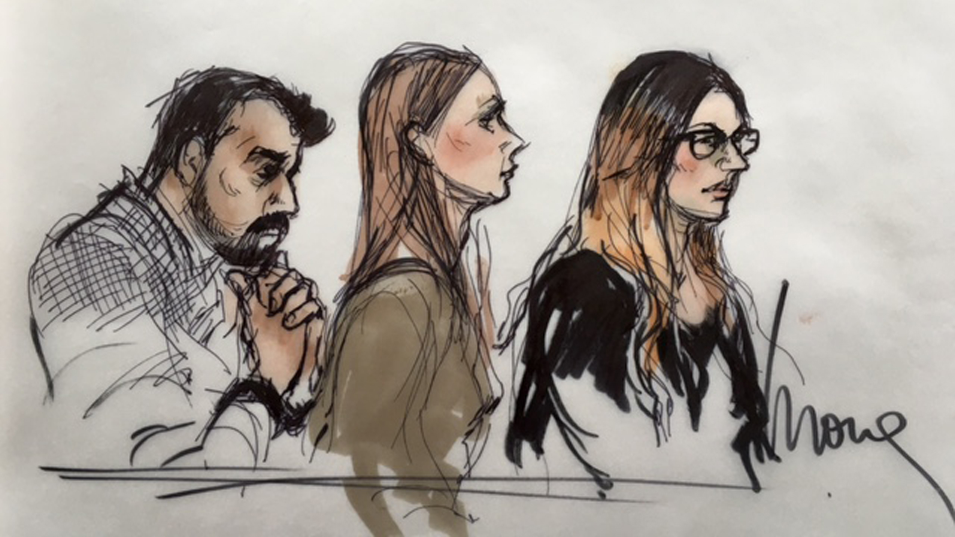 Three people connected to San Bernardino shooter Syed Rizwan Farook appear in federal court in Riverside on April 28, 2016: left to right, Syed Raheel Farook, Mariya Chernykh and Tatiana Farook. (Mona S. Edwards)