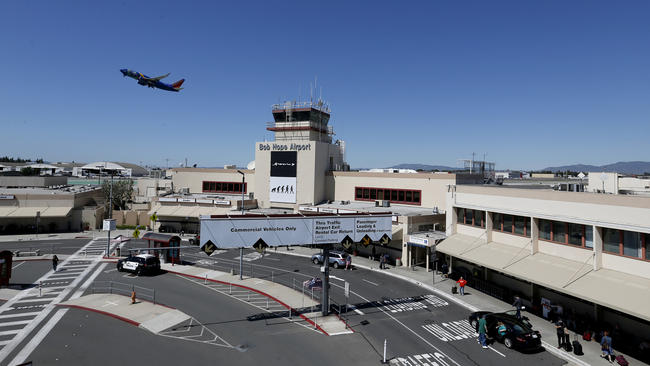 A Southwest Airlines plane takes off over Bob Hope Airport in Burbank on March 24, 2020. (Los Angeles Times)