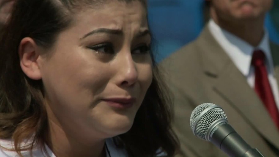 Coral Salvador speaks at a news conference Aug. 25, 2016, on the killing of her son. (Credit: KTLA)