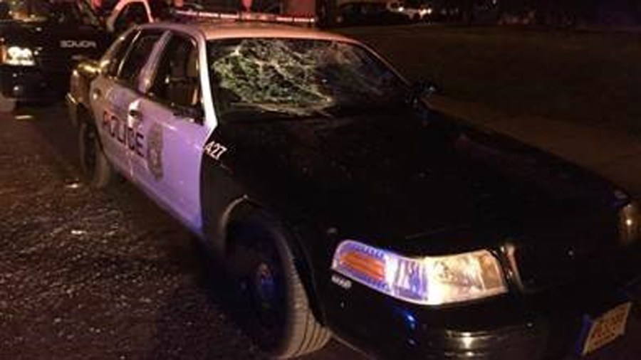 A damaged police cruiser is visible in a photo released by the Milwaukee Police Department following an officer-involved shooting on Aug. 13, 2016.