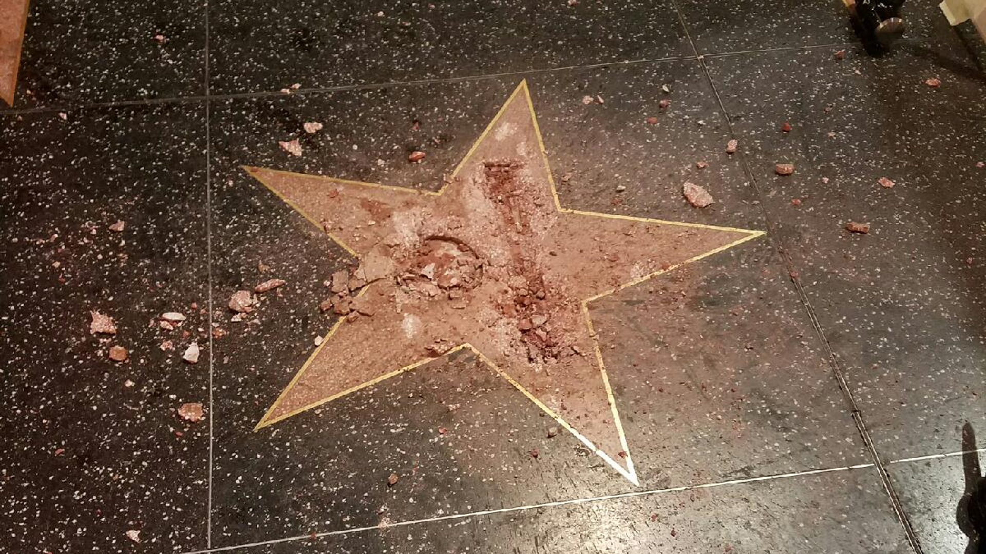 Donald Trump's Walk of Fame star after it was vandalized on Oct. 26, 2016. (Credit: Jamie Moreno)