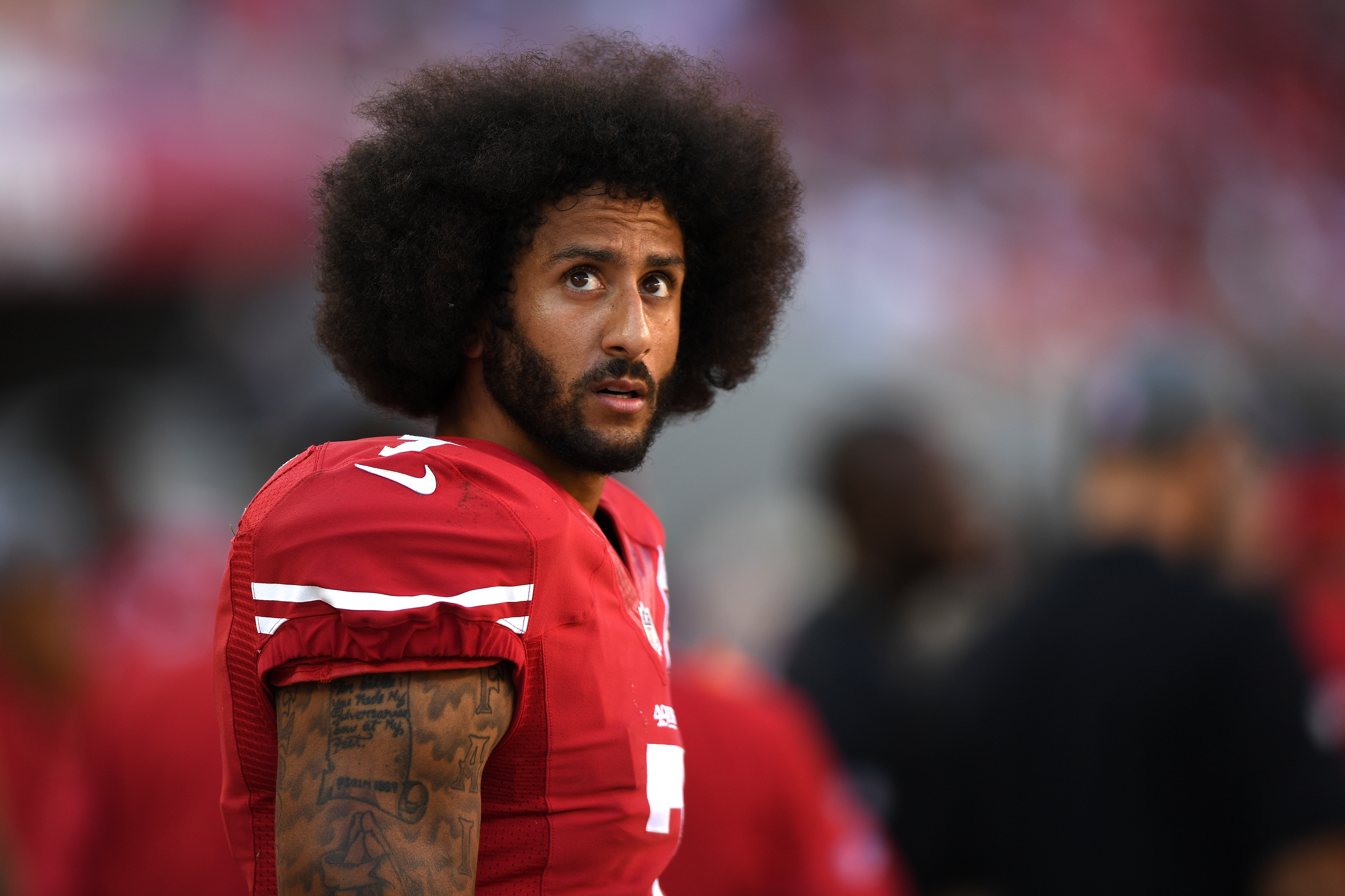 Colin Kaepernick of the San Francisco 49ers looks on from the sidelines during their NFL game against the Tampa Bay Buccaneers on October 23, 2016. (Credit: Thearon W. Henderson/Getty Images)