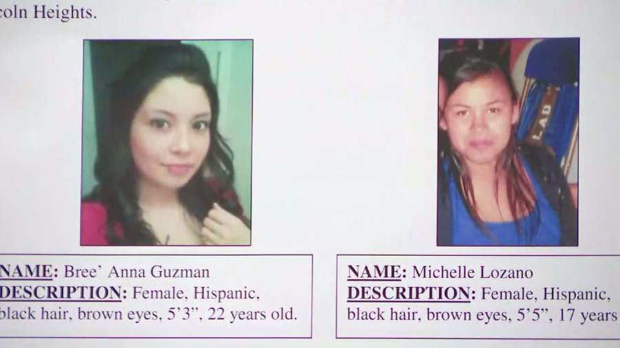 Bree’Anna Guzman and Michelle Lozano are shown on a poster displayed by LAPD at a news conference on May 30, 2017. (KTLA)