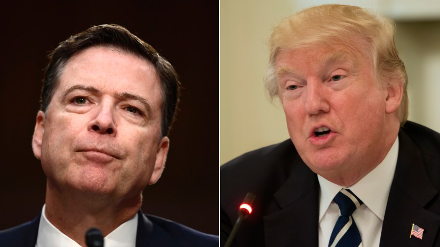 Former FBI Director James Comey (left) testifies during a US Senate Select Committee on Intelligence hearing on Capitol Hill in Washington, DC, June 8, 2017. Donald Trump (right) speaks during an infrastructure summit with governors and mayors in Washington, D.C., on June 8, 2017. (Credit: Brenden Smialowski and Nicholas Kamm/AFP/Getty Images)