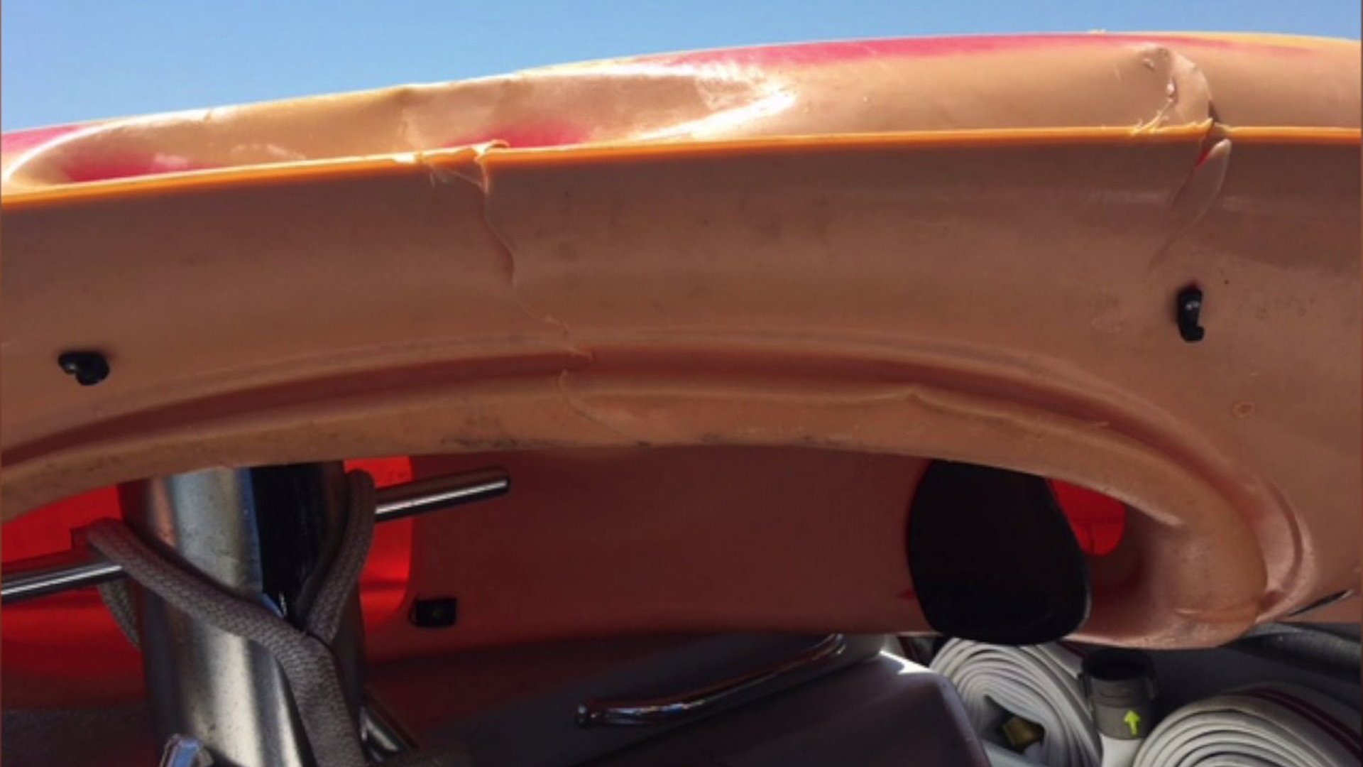 A bite mark from a great white shark can be seen on this kayak, which Los Angeles man Bret Z. Jackson was inside of when the incident happened at a Santa Barbara beach. (Credit: KTLA)