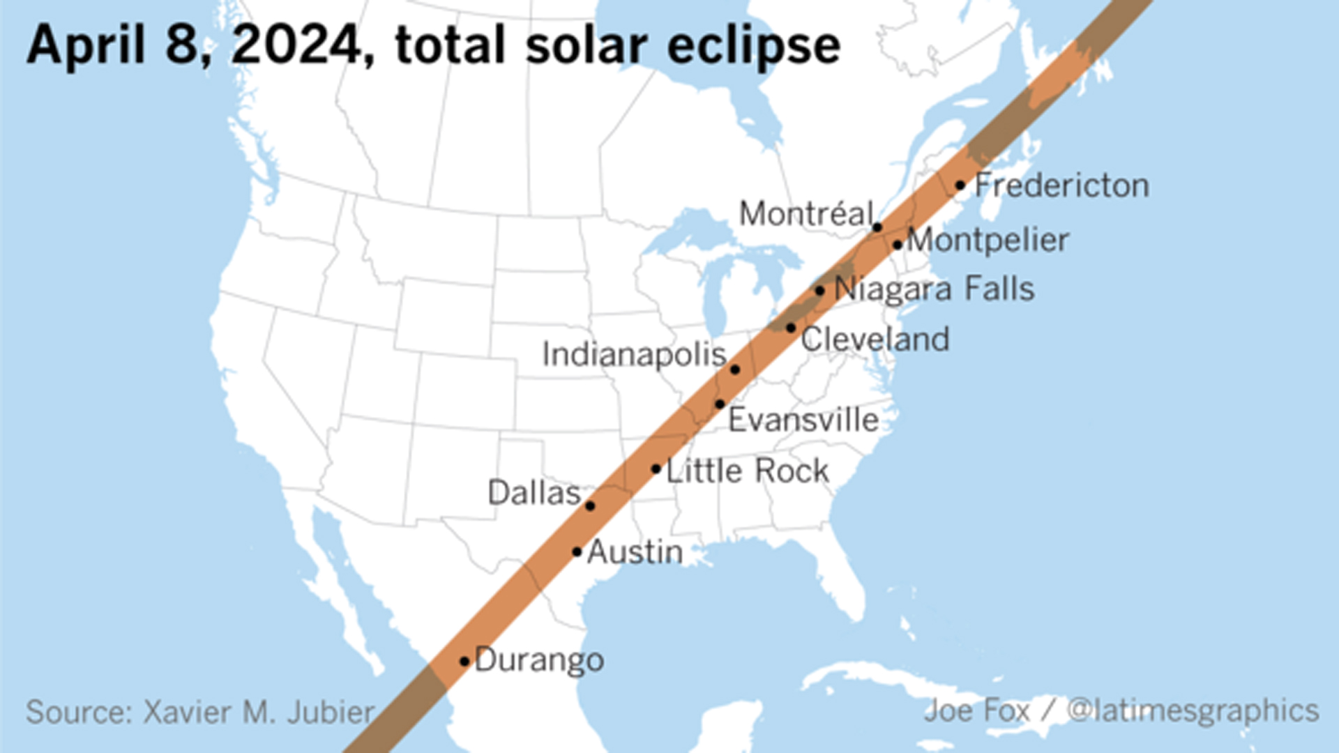 The path of the 2024 total solar eclipse. (Credit: Joe Fox / L.A. Times Graphics)