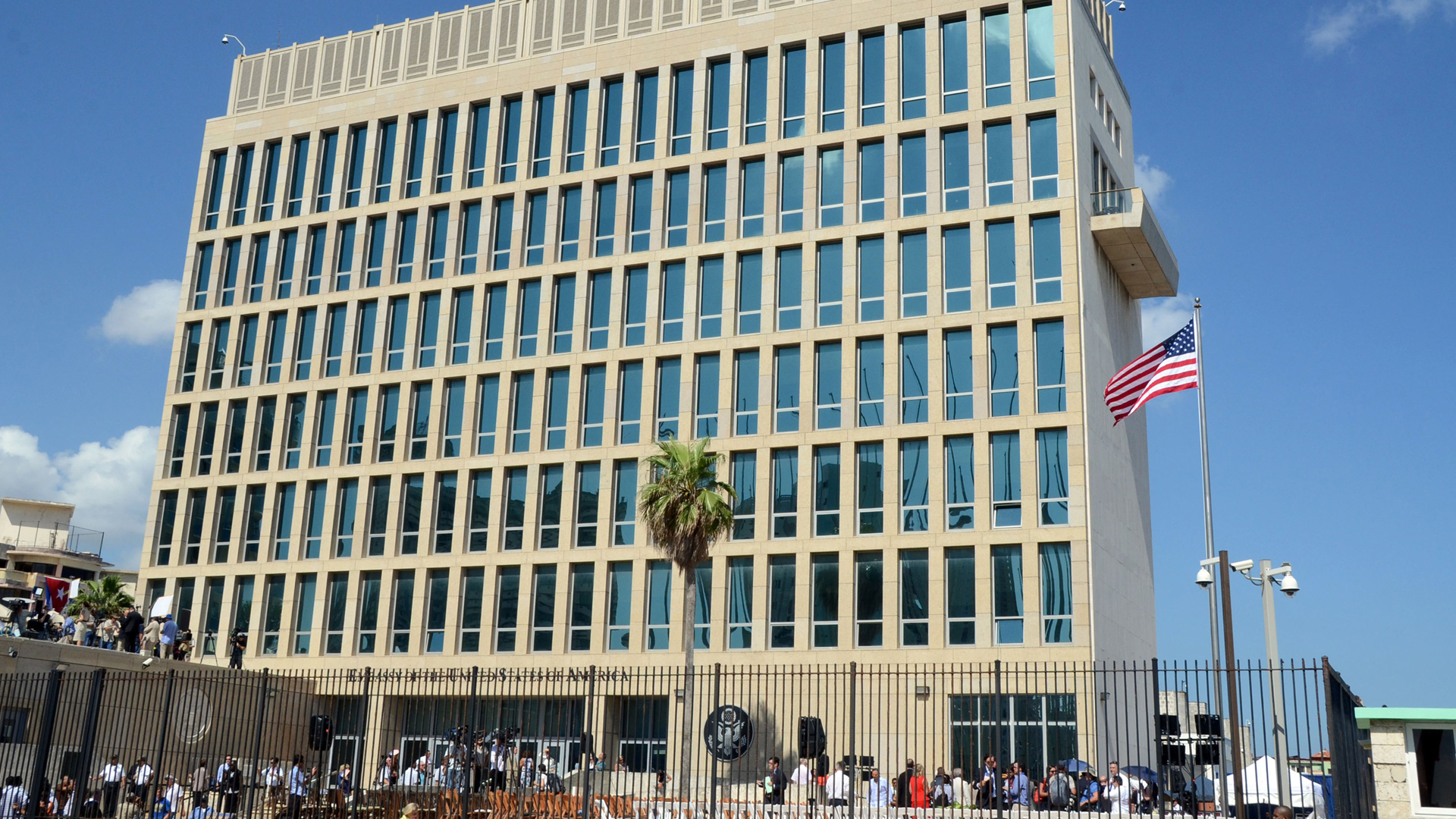 View of the U.S. Embassy building with the US flag raised over it in Havana on August 14, 2015. (Credit: STR/AFP/Getty Images)