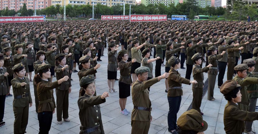 North Koreans protest the UN's sanctions against the country on August 11, 2017 (Credit: STR/AFP/Getty Images)