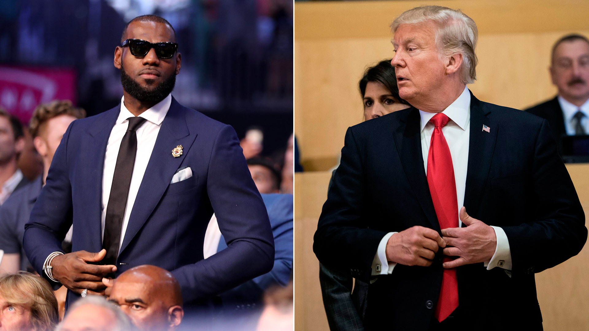 From left: LeBron James is pictured at the Mayweather-McGregor boxing match in Las Vegas Aug. 26, 2017, and President Donald Trump is shown at the UN headquarters in New York City on Sept. 18, 2017. (Credit: Christian Petersen / Brendan Smialowski / Getty Images)