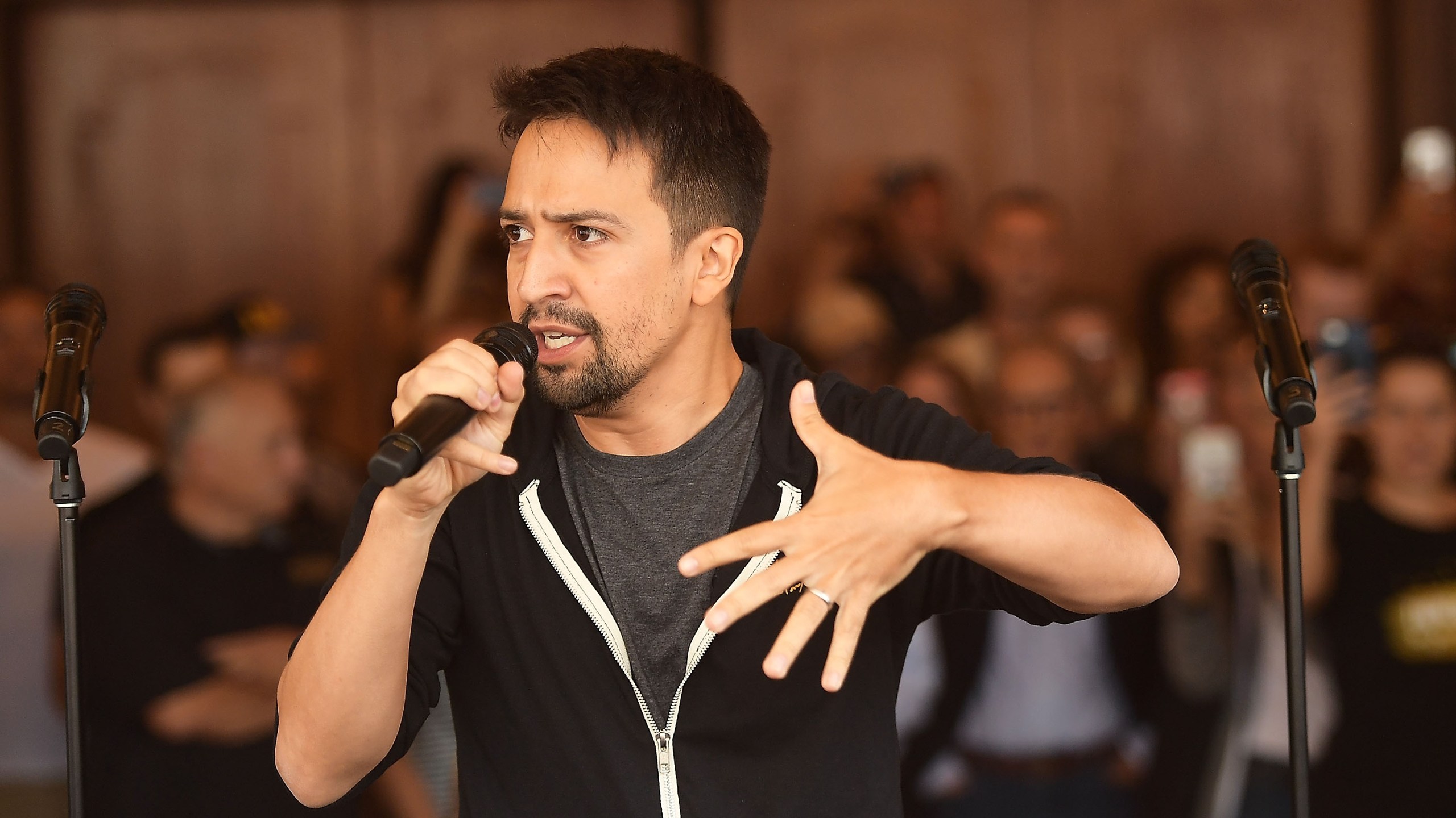 Lin-Manuel Miranda speaks outside the Pantages Theatre on August 16, 2017. (Credit: Matt Winkelmeyer/Getty Images)