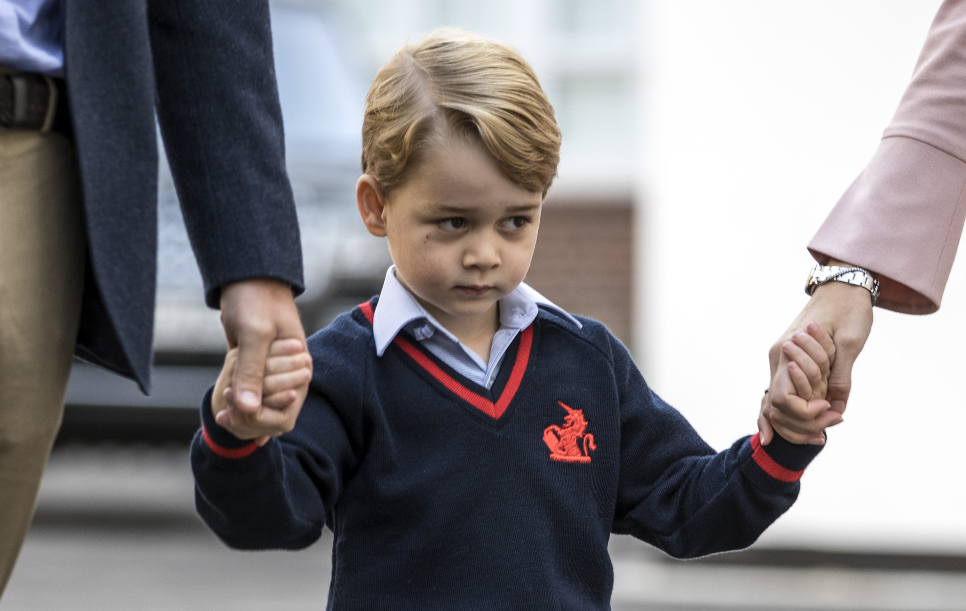 Prince George of Cambridge arrives for his first day of school at Thomas's Battersea on September 7, 2017 in London, England. (Credit: Richard Pohle - WPA Pool/Getty Images)