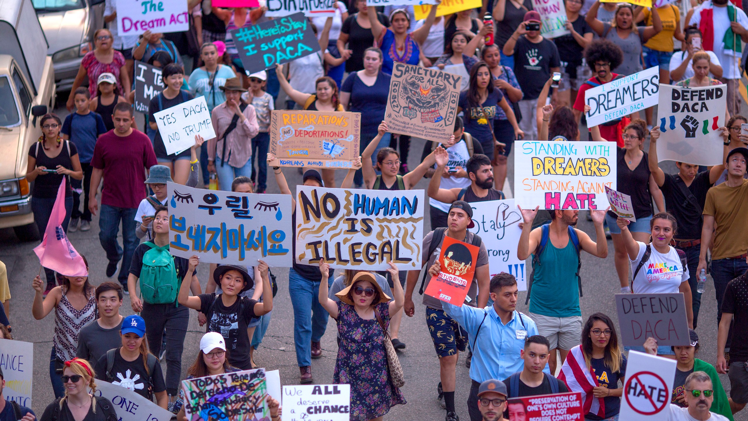 Thousands of immigrants and supporters join the Defend DACA March to oppose the President Trump order to end the program on September 10, 2017 in Los Angeles. (Credit: David McNew/Getty Images)