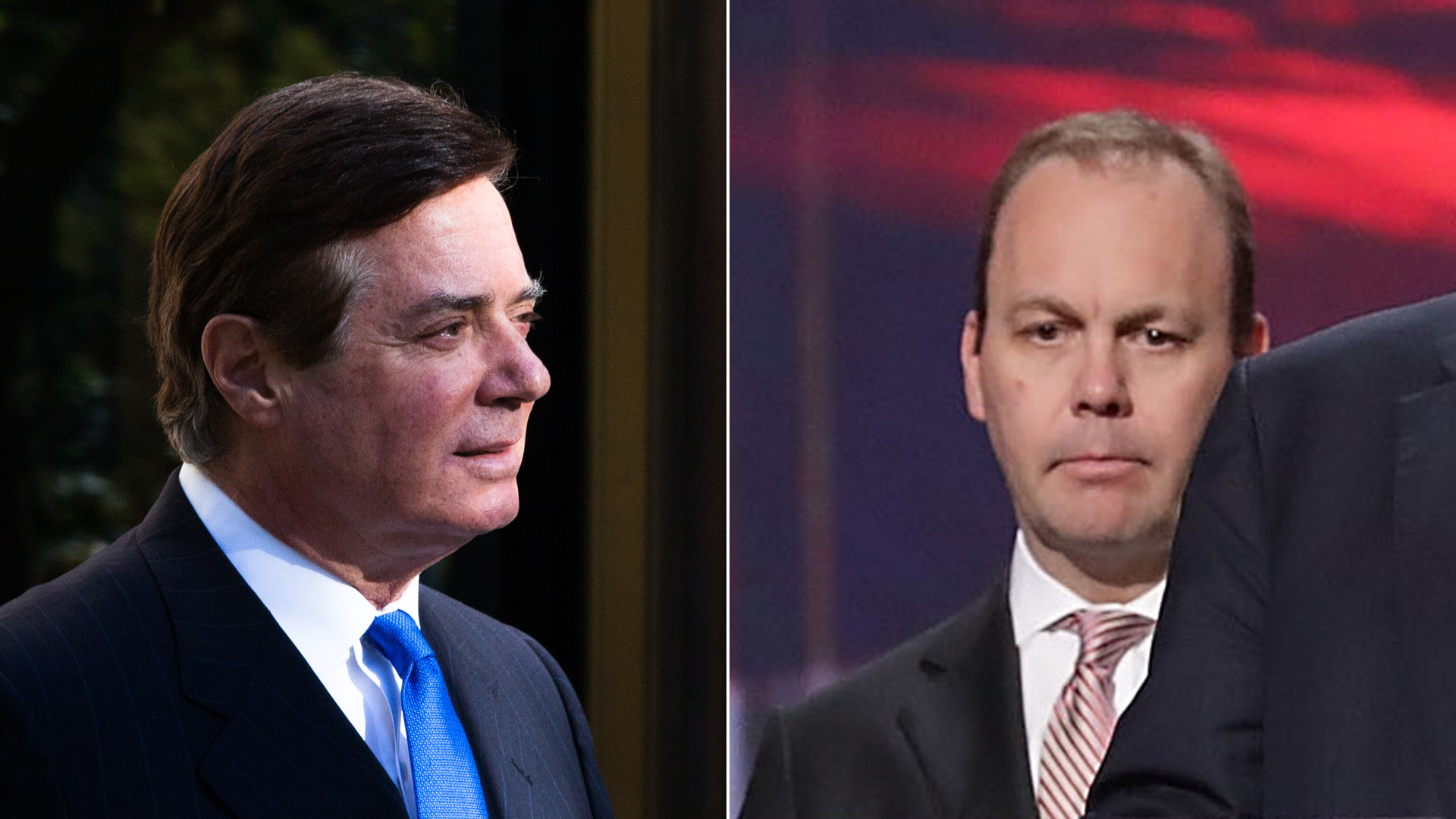 Left, Paul Manafort leaves federal court, Oct. 30, 2017, in Washington, D.C. right, Rick Gates stands behind Donald Trump during a microphone test on stage at the Republican National Convention on July 21, 2016, in Cleveland, Ohio. (Credit: Getty Images; left, Keith Lane; right, Chip Somodevilla)