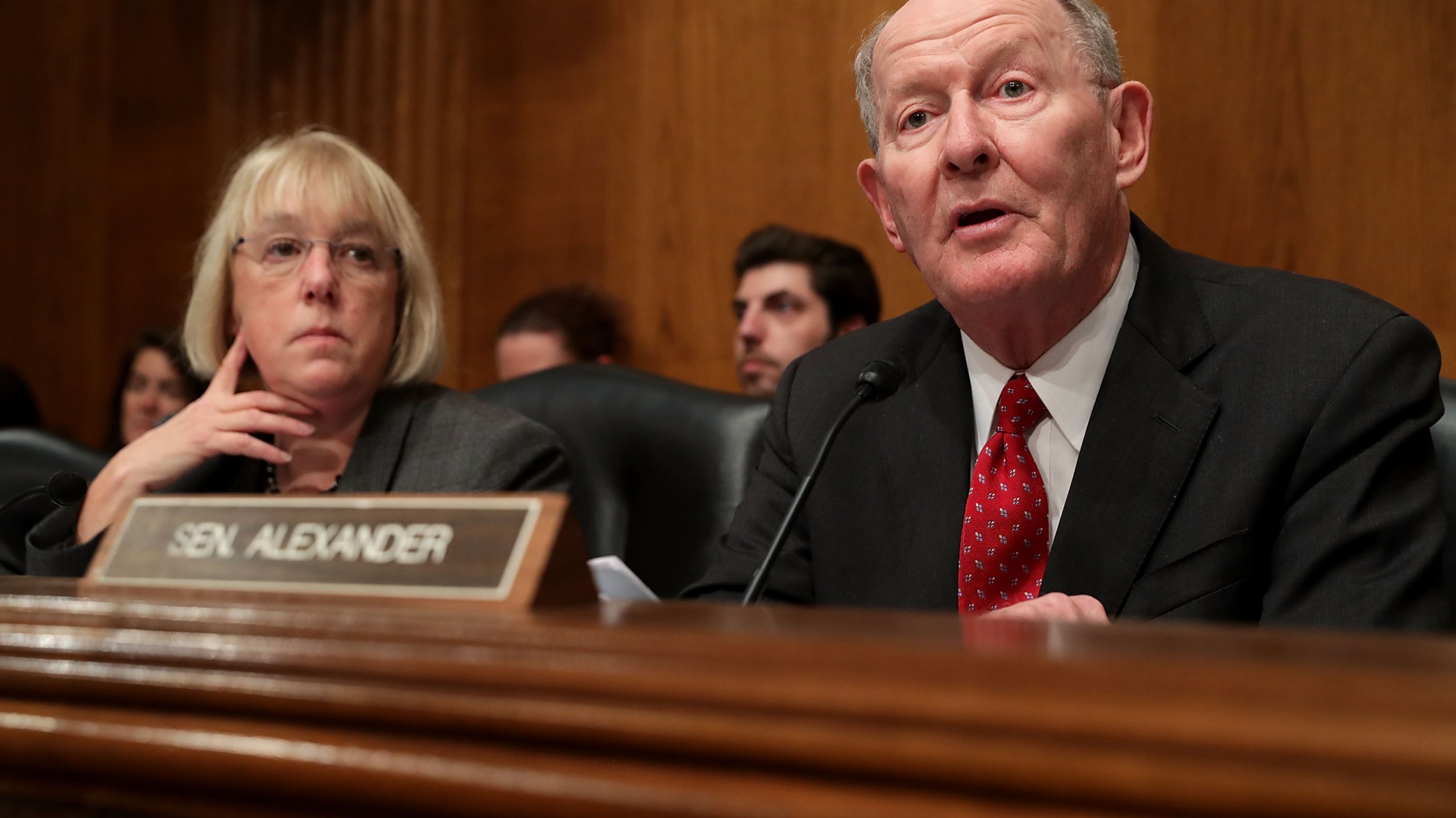 Senate Health, Education, Labor and Pensions Committee Chairman Lamar Alexander delivers opening remarks as ranking member Sen. Patty Murray listens during the confirmation hearing for Betsy DeVos, President-elect Donald Trump's pick to be the next Secretary of Education, on Capitol Hill Jan. 17, 2017. (Credit: Chip Somodevilla/Getty Images)