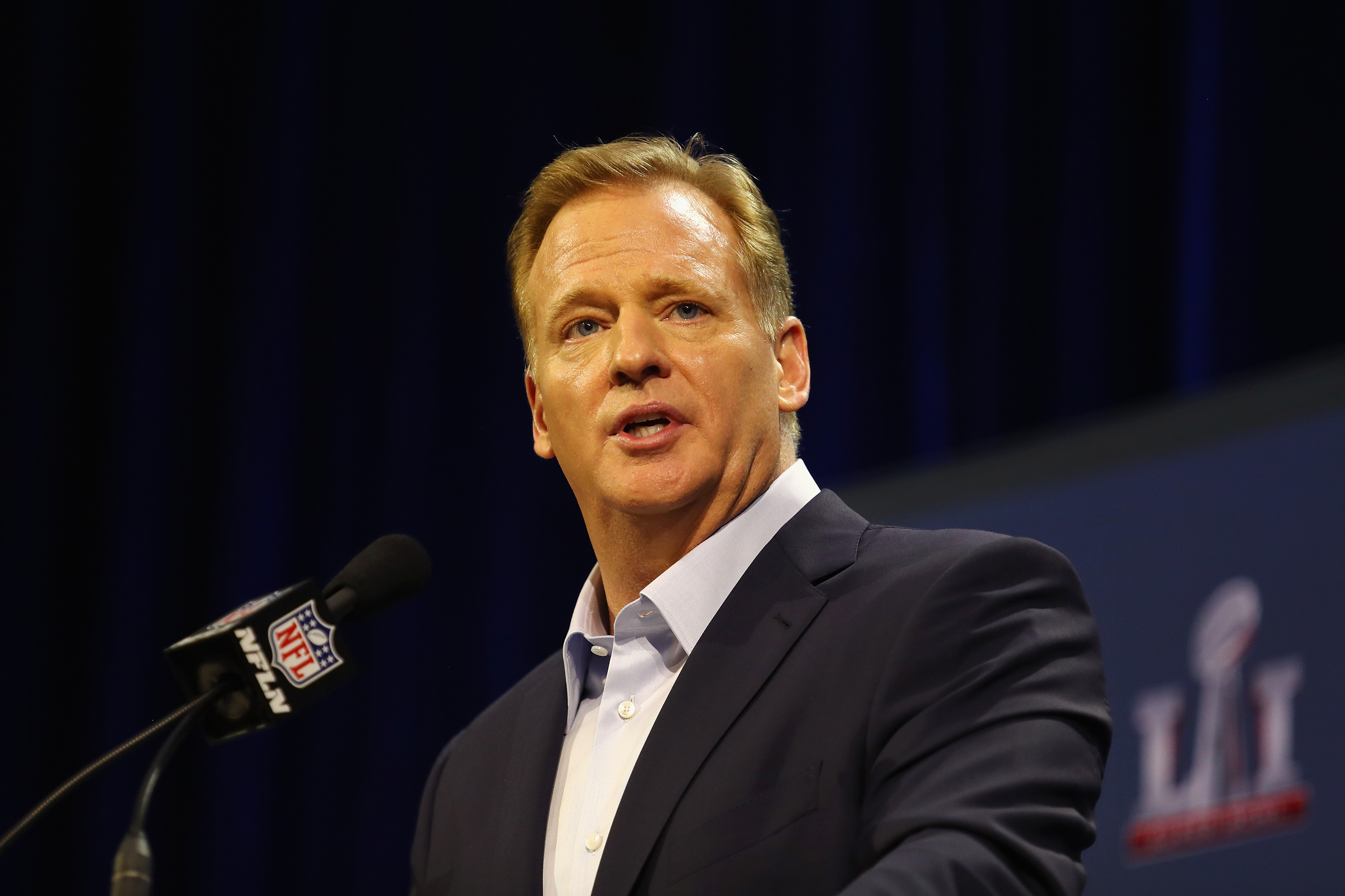 NFL Commissioner Roger Goodell speaks with the media during a press conference for Super Bowl 51 at the George R. Brown Convention Center on February 1, 2017 in Houston. (Credit: Tim Bradbury/Getty Images)