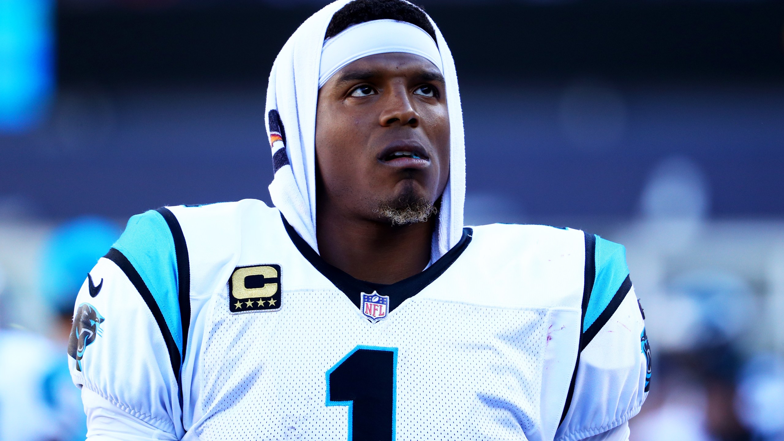 Cam Newton of the Carolina Panthers looks on during the game against the New England Patriots at Gillette Stadium on October 1, 2017 in Foxboro, Massachusetts.(Credit: Maddie Meyer/Getty Images)