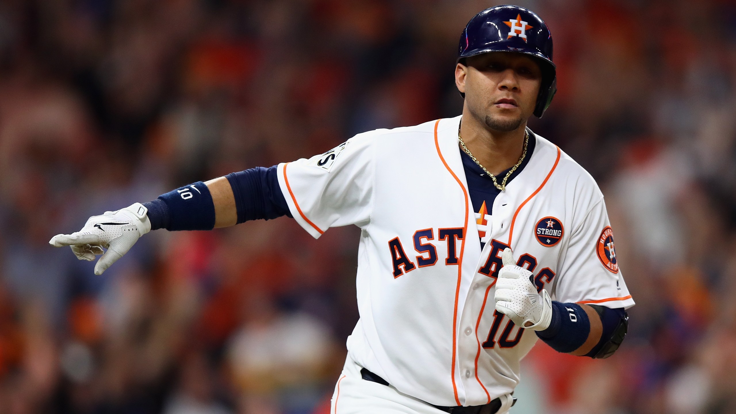 Yuli Gurriel of the Houston Astros reacts after hitting a solo home run during the second inning against the Los Angeles Dodgers in game three of the 2017 World Series at Minute Maid Park on October 27, 2017 in Houston. (Credit: Ezra Shaw/Getty Images)