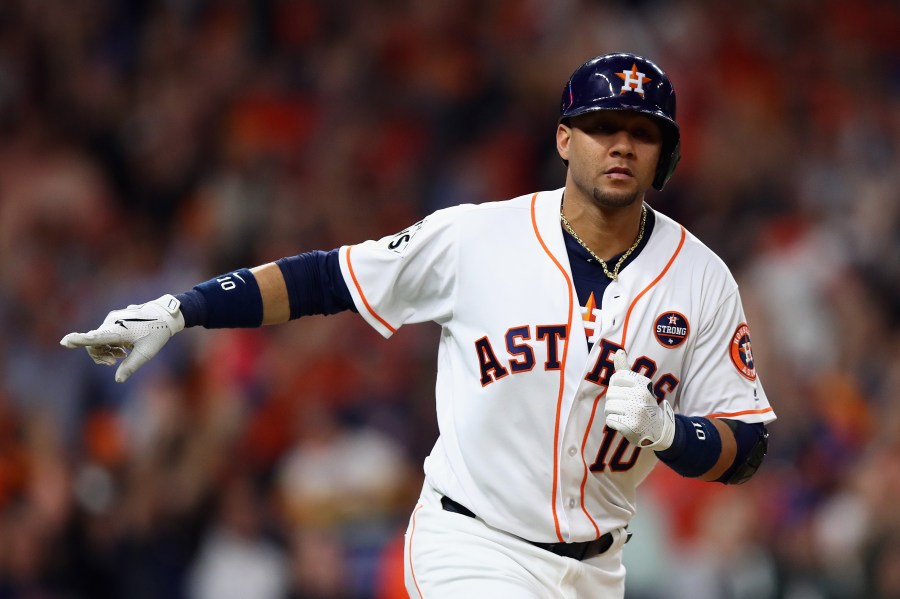 Yuli Gurriel of the Houston Astros reacts after hitting a solo home run during the second inning against the Los Angeles Dodgers in game three of the 2017 World Series at Minute Maid Park on October 27, 2017 in Houston. (Credit: Ezra Shaw/Getty Images)