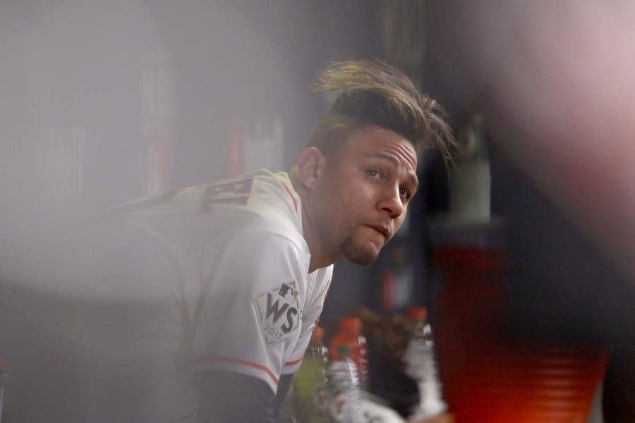 Yuli Gurrielof the Houston Astros looks on from the dugout after a three-run home run during the fourth inning against the Los Angeles Dodgers in Game 5 of the 2017 World Series at Minute Maid Park on October 29, 2017, in Houston, Texas. (Credit: Christian Petersen/Getty Images)