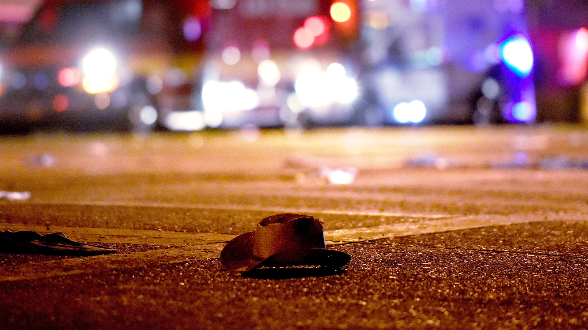 A cowboy hat lays in the street after shots were fired near a country music festival on October 1, 2017 in Las Vegas. (Credit: David Becker/Getty Images)