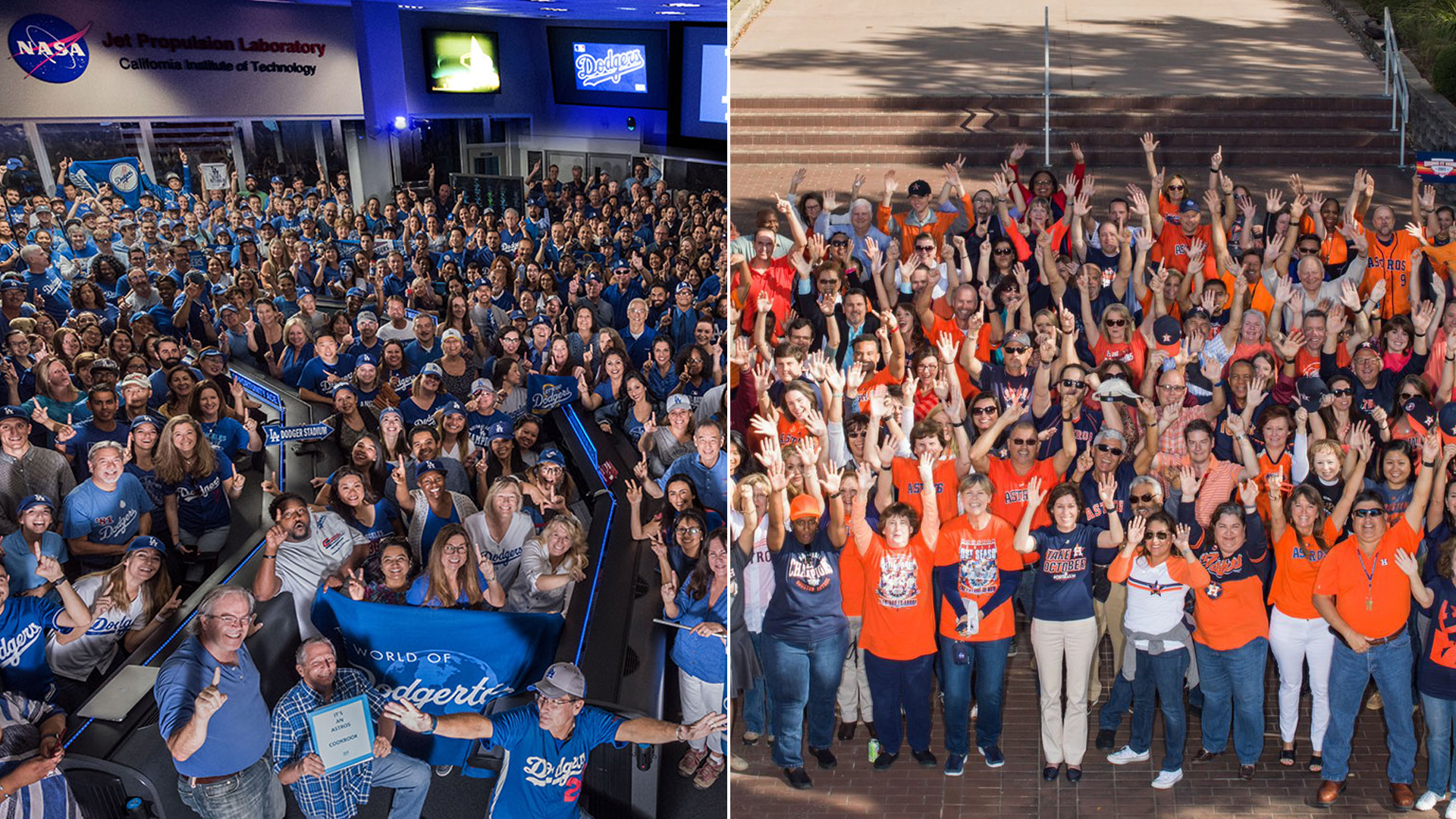 Left, JPL baseball fans sport Dodger blue for a quick photo in mission control (Credit: NASA/JPL-Caltech); right, Johnson Space Center‏ in Houston tweeted this photo of Astros fans among its staff on Oct. 26, 2017.