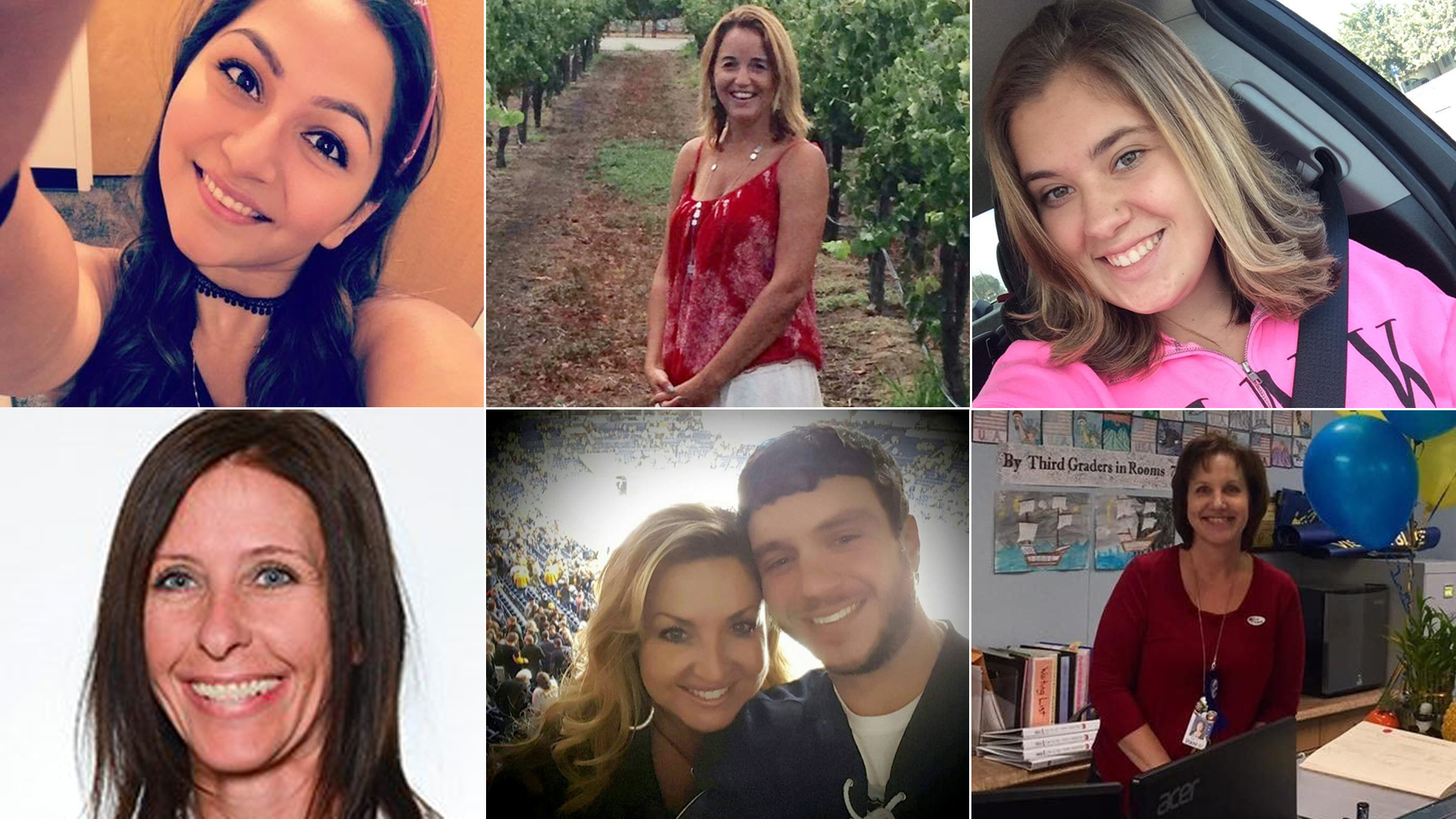 Las Vegas shooting victims Angela "Angie" Gomez (top left), Sandra Casey (top center), Bailey Schweitzer (top right), Neysa Tonks (bottom left), Sonny Melton (on right in bottom center photo) and Susan Smith (bottom right) are seen in photos provided by CNN Wire.