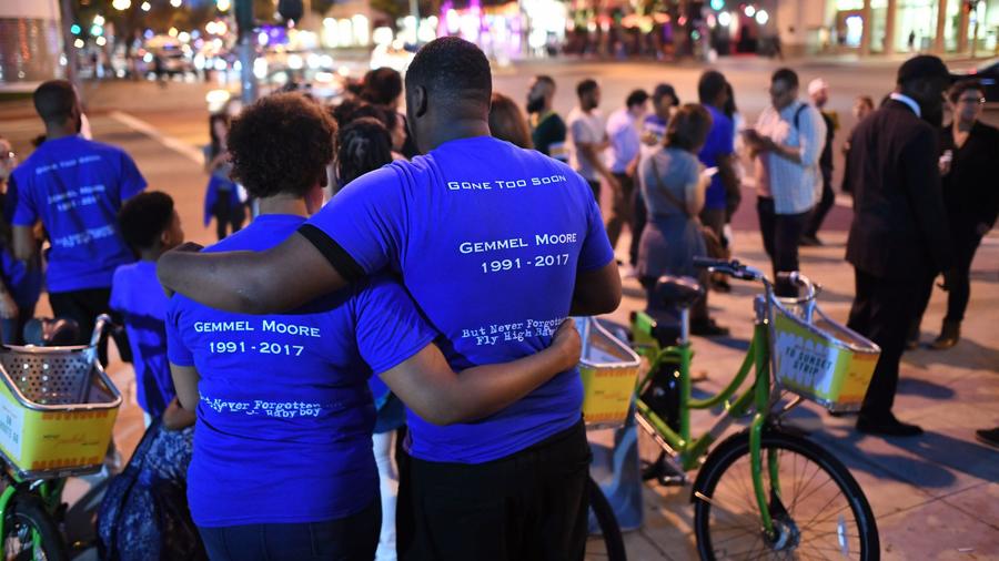 Friends and family of Gemmel Moore gather for a candelight vigil outside the West Hollywood sheriff's station in August, 2017. (Credit: Wally Skalij / Los Angeles Times)