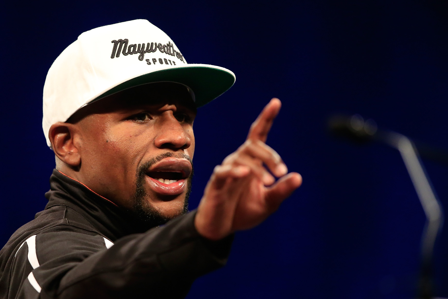 Floyd Mayweather Jr. addresses the media during the post-fight news conference after his unanimous decision victory against Manny Pacquiao on May 2, 2015, at MGM Grand Garden Arena in Las Vegas. (Credit: Jamie Squire / Getty Images)