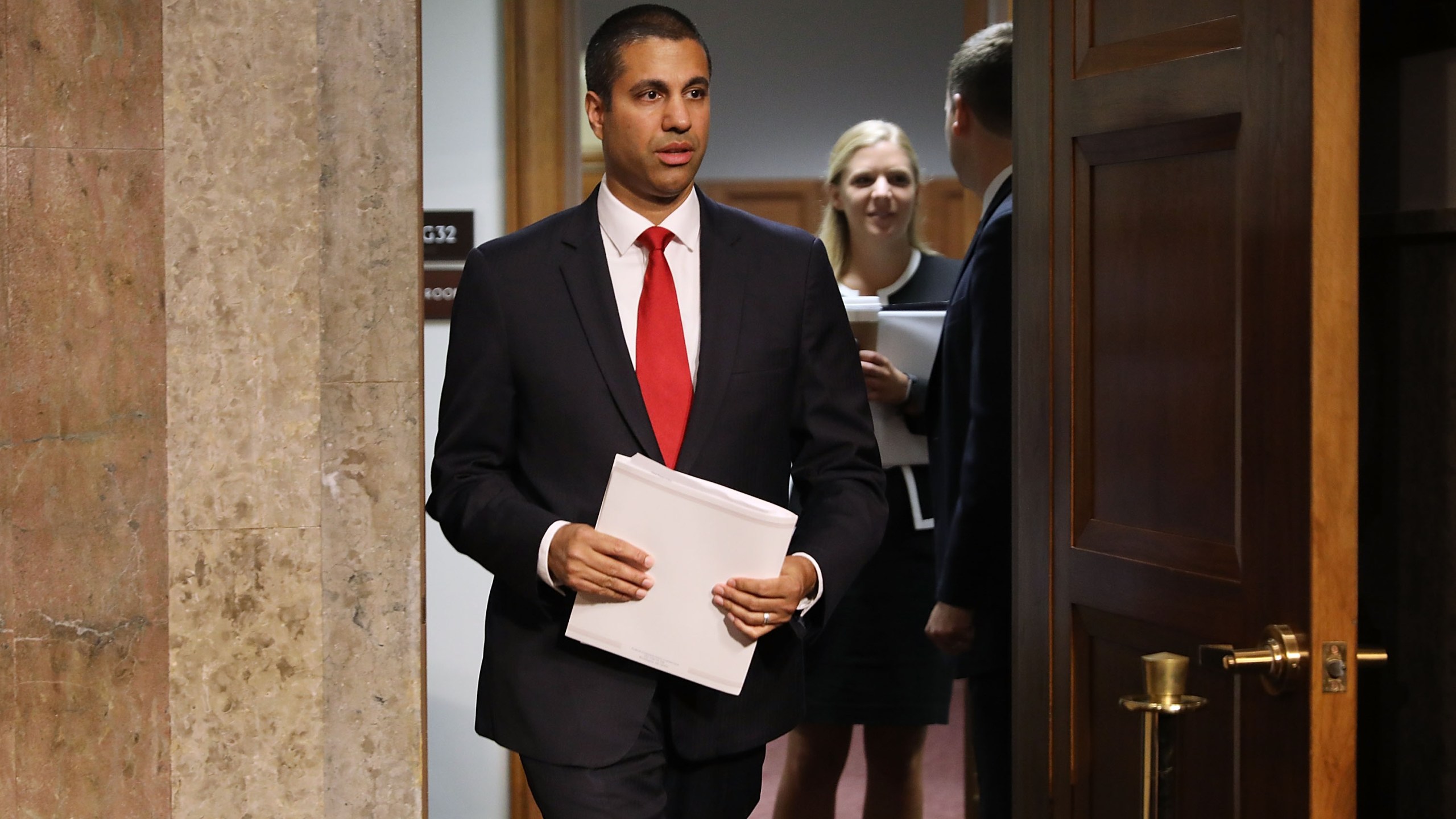 Federal Communications Commission Chairman Ajit Pai arrives for his confirmation hearing for a second term as chair of the commission before the Senate Commerce, Science and Transportation Committee in the Dirksen Senate Office Building on Capitol Hill July 19, 2017 in Washington, DC. (Credit: Chip Somodevilla/Getty Images)