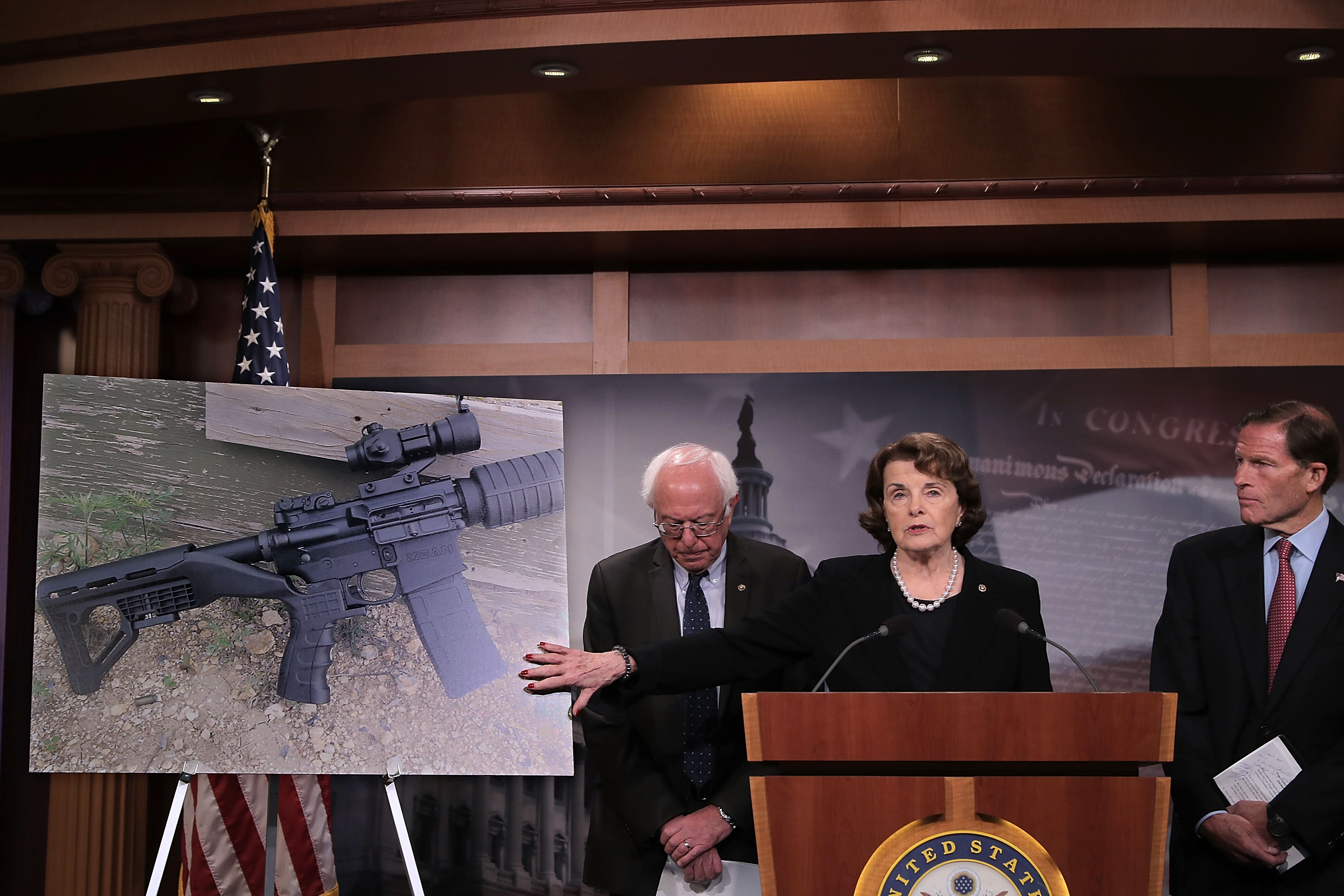 Sen. Dianne Feinstein, center, at a news conference to announce proposed gun control legislation at the U.S. Capitol October 4, 2017 in Washington, DC. (Credit: Chip Somodevilla/Getty Images)