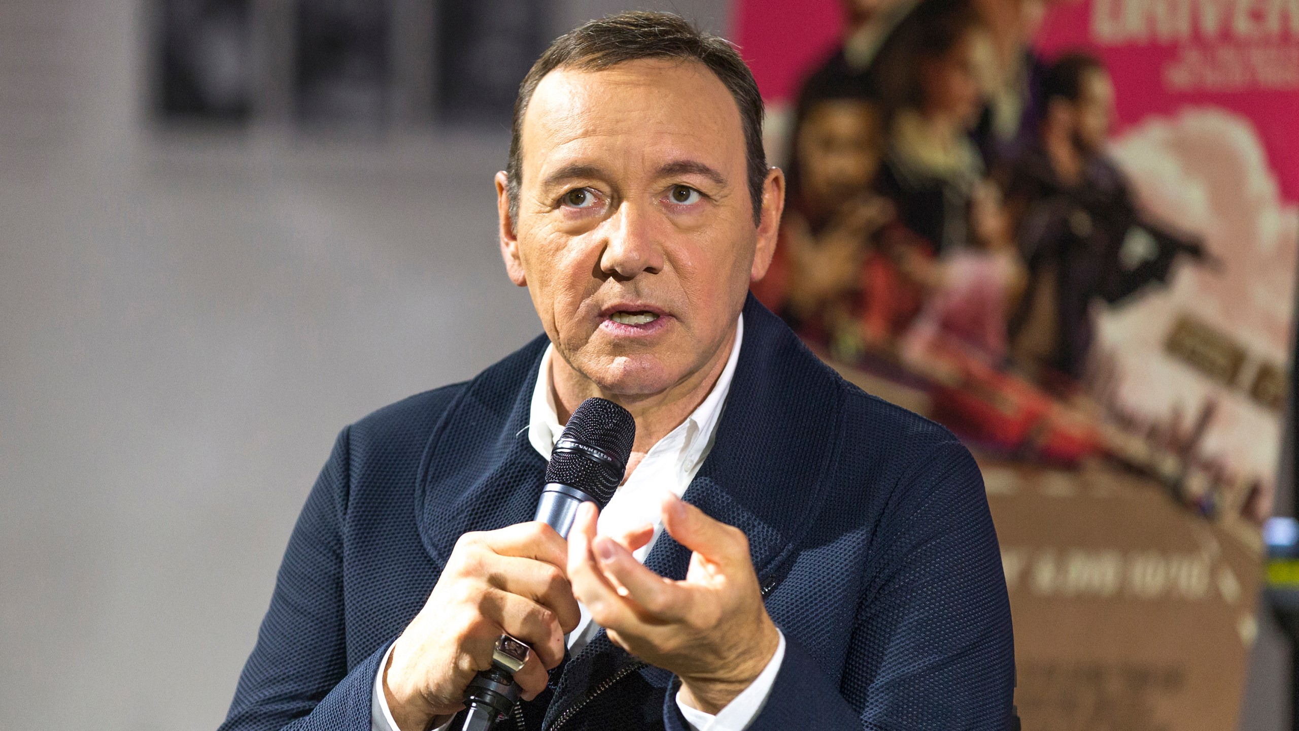 Kevin Spacey talks on stage at Cars, Arts & Beats: A Night Out With 'Baby Driver' at the Petersen Automotive Museum on October 4, 2017 in Los Angeles. (Credit: Rochelle Brodin/Getty Images for Sony Pictures Home Entertainment)