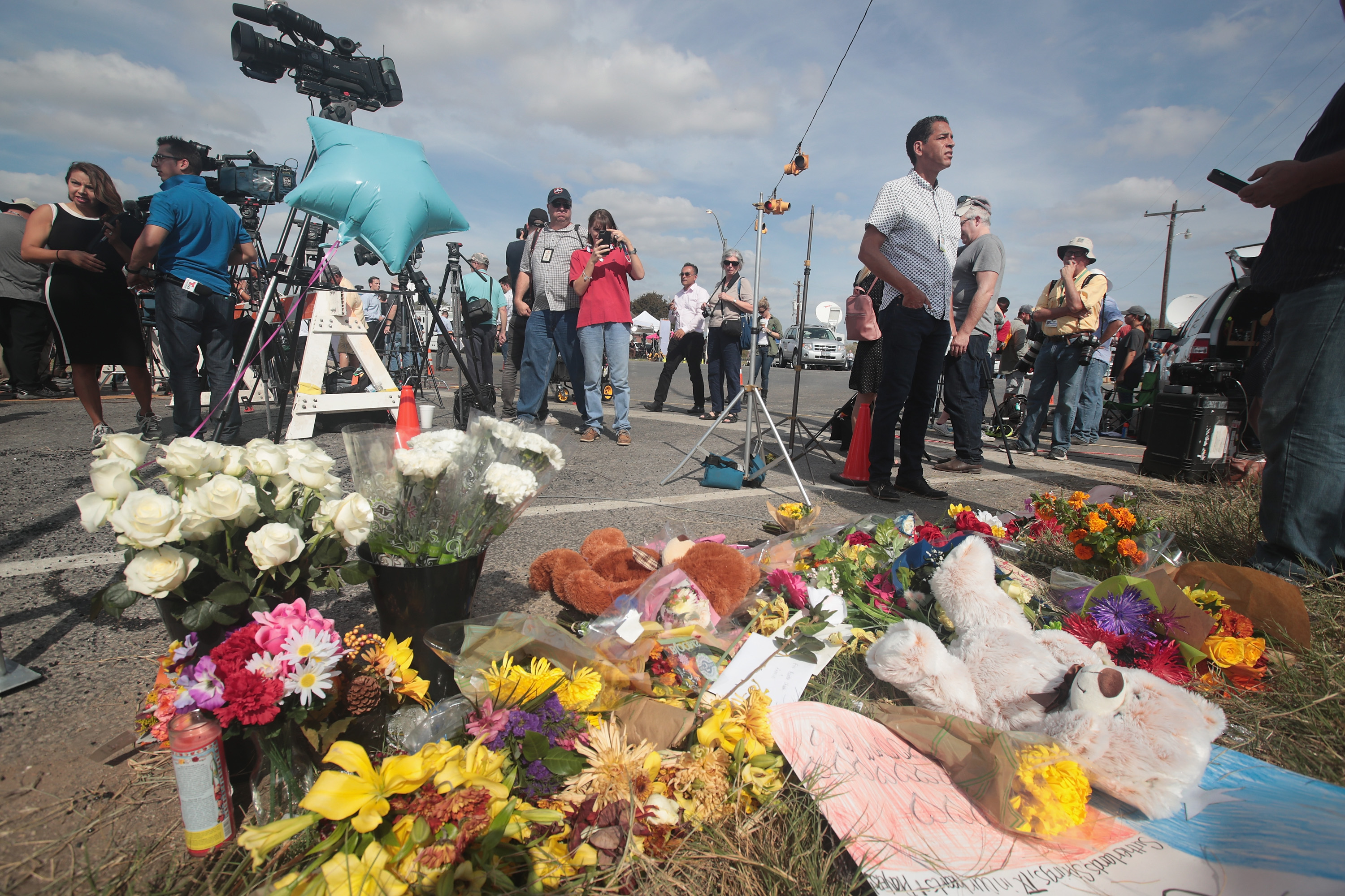 A small memorial sits along the road near the First Baptist Church of Sutherland Springs on Nov. 7, 2017, in Sutherland Springs, Texas. (Credit: Scott Olson/Getty Images)