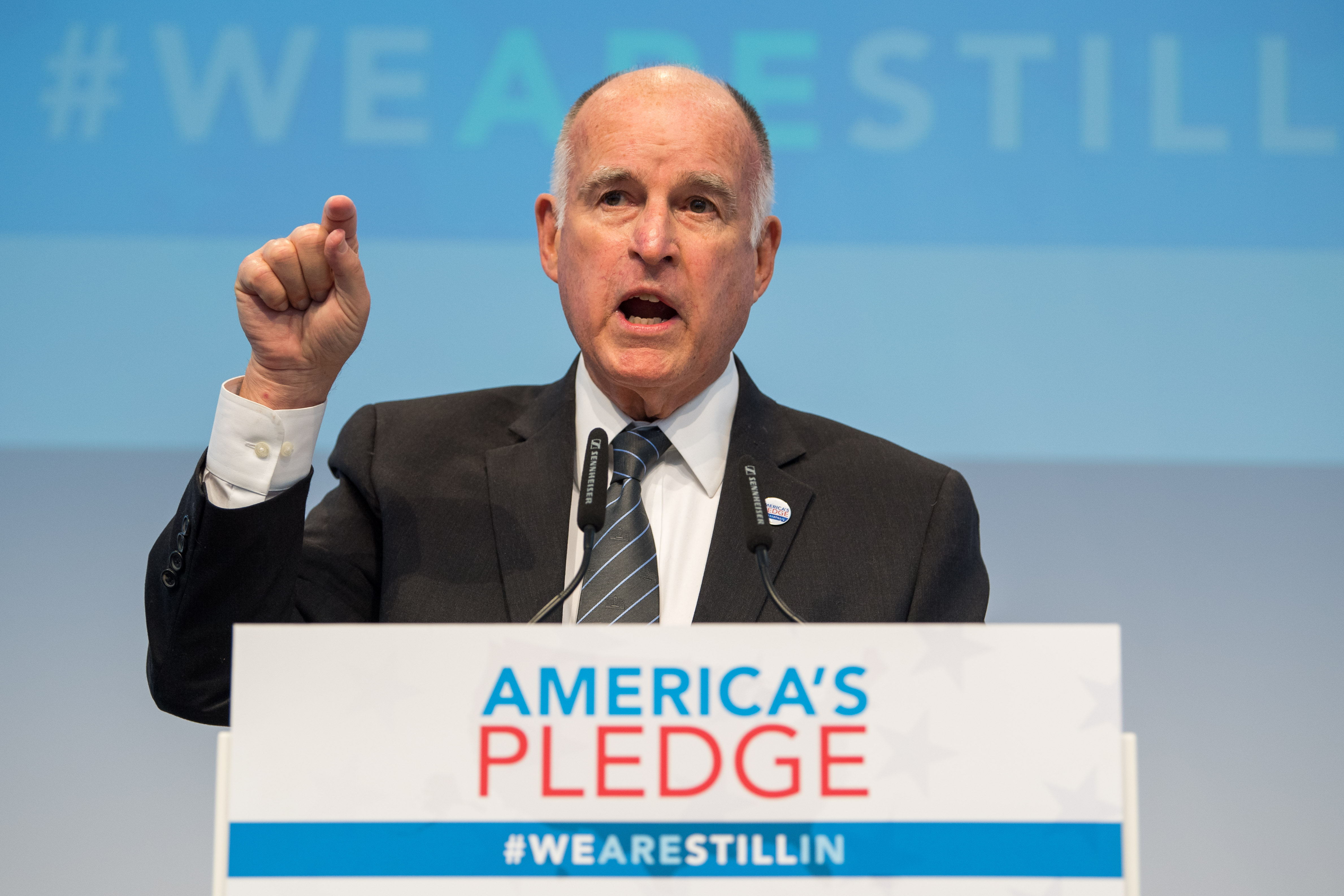 California Gov. Jerry Brown speaks at the America's Pledge launch event at the COP 23 United Nations Climate Change Conference on Nov. 11, 2017, in Bonn, Germany. (Credit: Lukas Schulze / Getty Images)