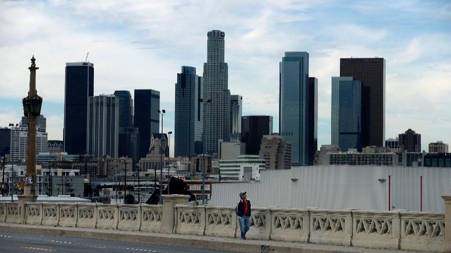 A view of the Los Angeles skyline from 4th Street Bridge in 2016. (Credit: Mel Melcom / Los Angeles Times)