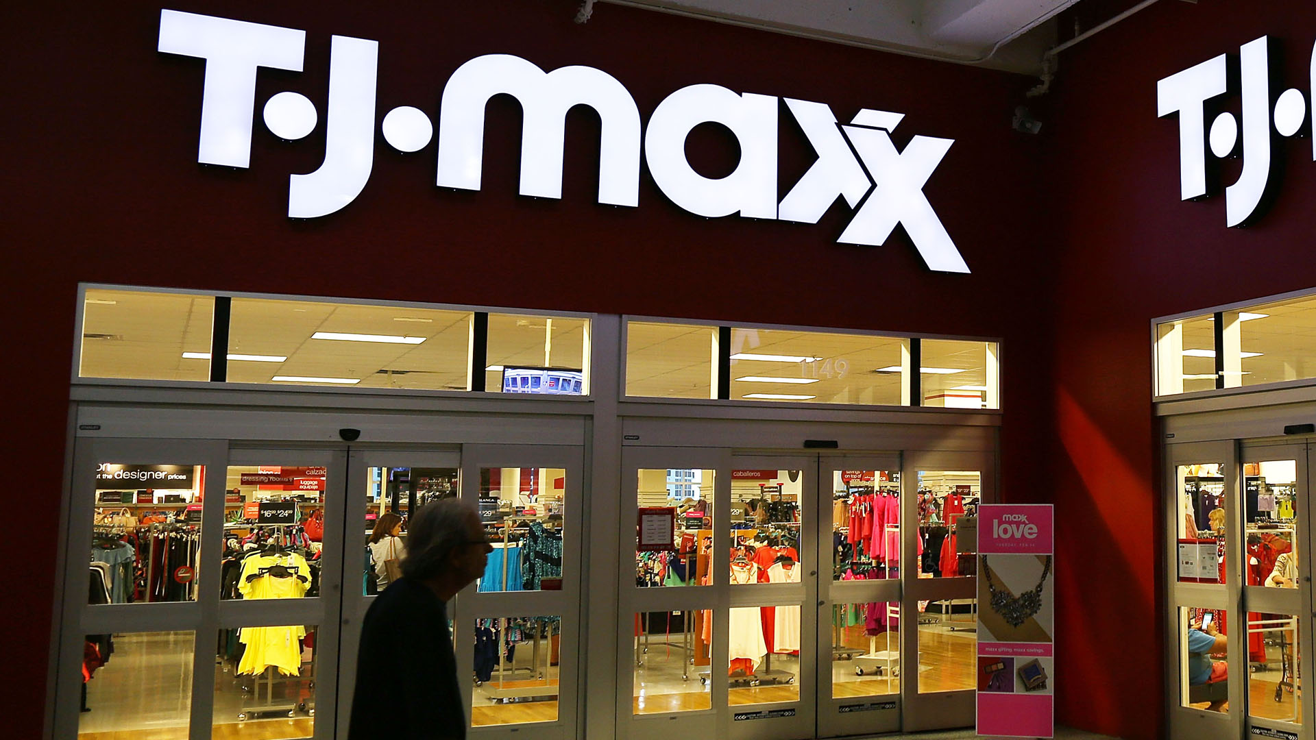 The entrance to a T.J. Maxx store is seen on February 8, 2017 in Miami. (Credit: Joe Raedle/Getty Images)