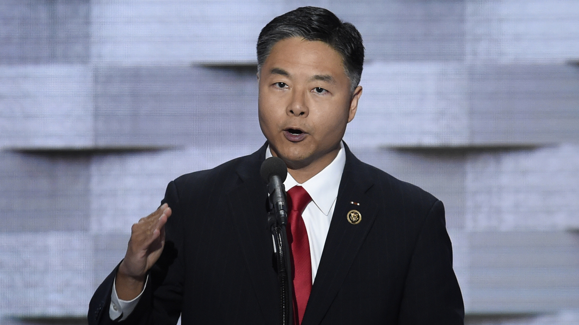 Rep. Ted Lieu addresses delegates on the fourth and final day of the Democratic National Convention on July 28, 2016, in Philadelphia. (Credit: SAUL LOEB/AFP/Getty Images)