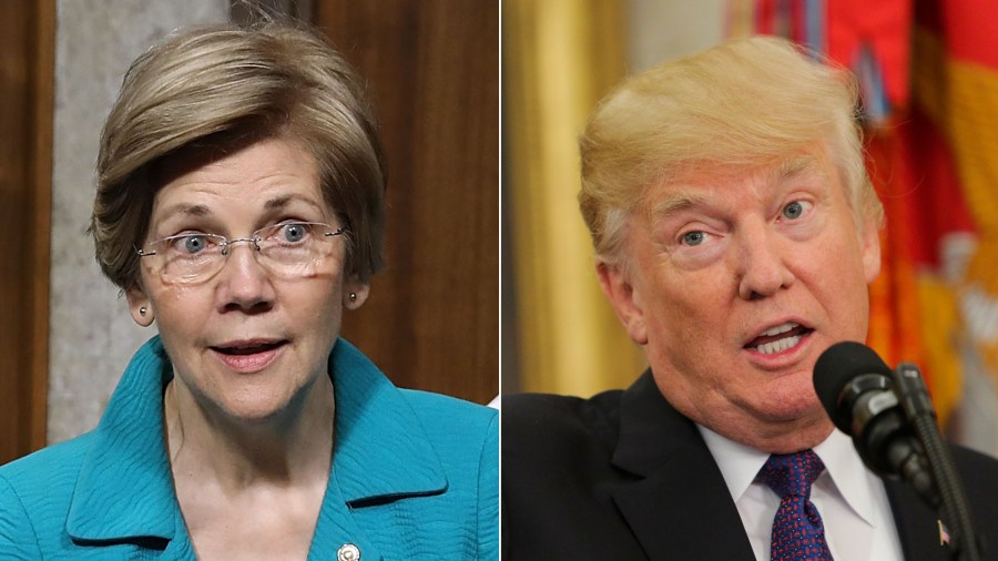 Left, Sen. Elizabeth Warren at a Senate committee hearing on July 11, 2017. Right, President Donald Trump at an event with members of the Native American code talkers on Nov. 27, 2017. (Credit: Getty Images / left, Chip Somodevilla; right, Oliver Contreras - pool)