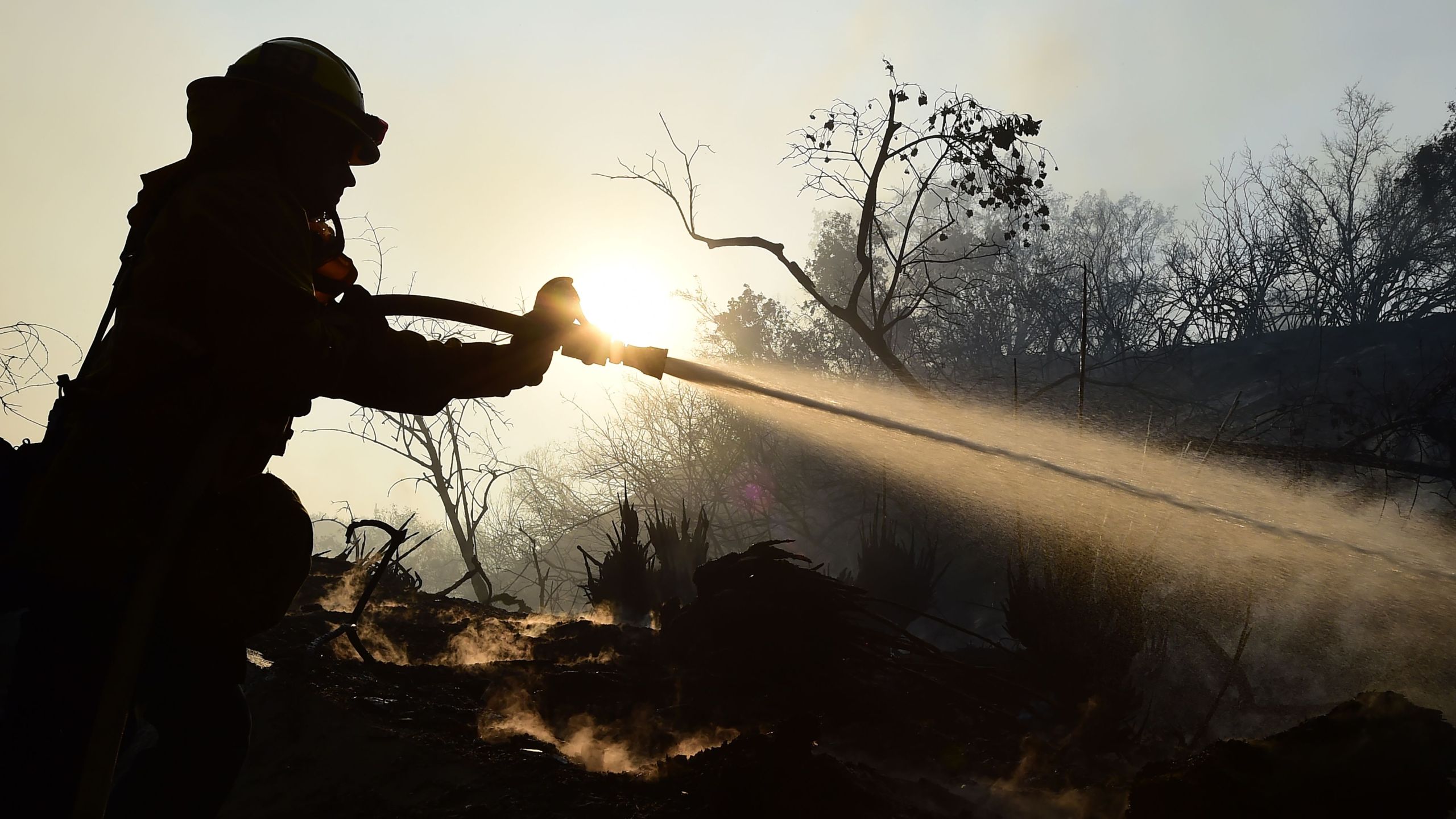 LAFD Firefighter Allen Janzen puts down smoldering embers in the Bel-Air to protect home against the Skirball Fire, Dec. 6, 2017. (Credit: ROBYN BECK/AFP/Getty Images)