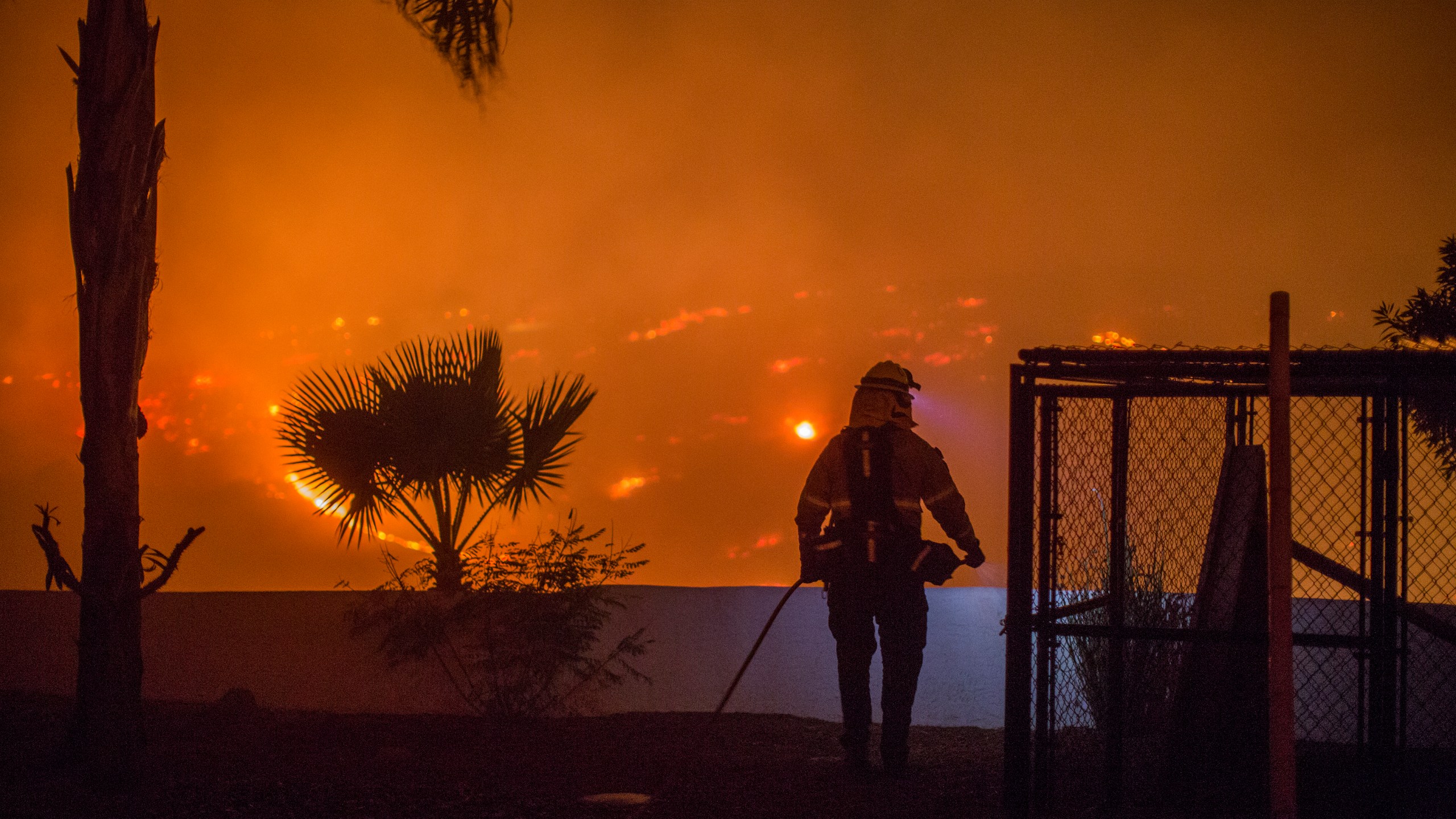 A firefighter guards a house at the Lilac Fire on Dec. 7, 2017 near Bonsall, California. (Credit: David McNew/Getty Images)