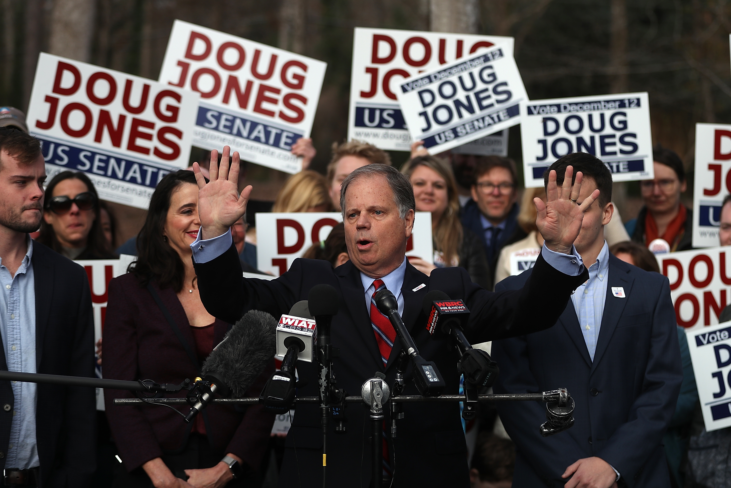 Democratic senatorial candidate Doug Jones speaks to reporters after voting at Brookwood Baptist Church on December 12, 2017 in Mountain Brook, Alabama. (Credit: Justin Sullivan/Getty Images)