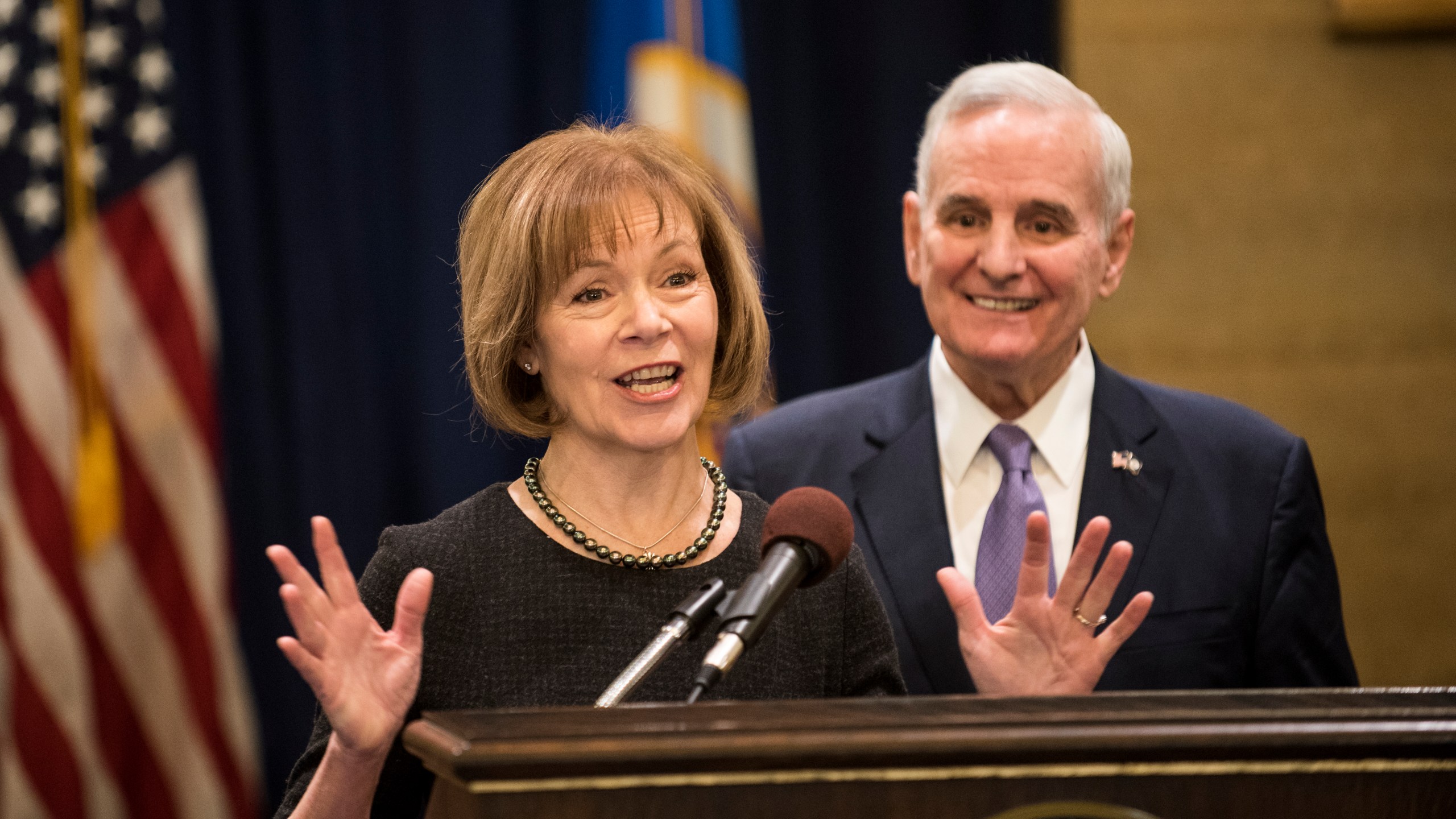 Minnesota Lt. Gov. Tina Smith fields questions after being named the replacement to Sen. Al Franken by Gov. Mark Dayton on Dec. 13, 2017, at the Minnesota State Capitol in St. Paul. (Credit: Stephen Maturen / Getty Images)