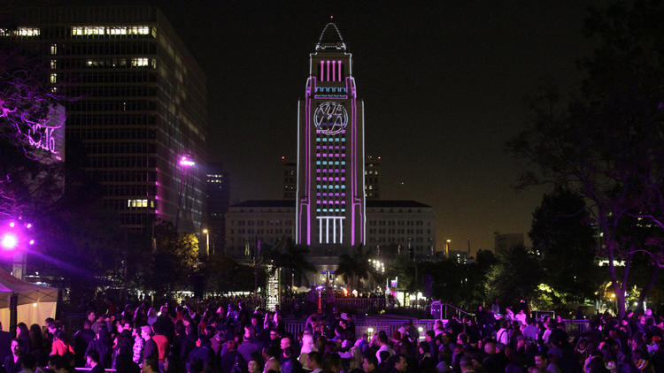 Grand Park decorated for New Year's Eve on Dec. 31, 2016. (Credit: Los Angeles Times)